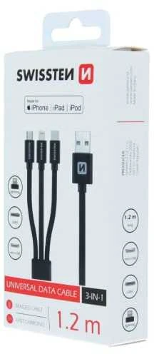 USB kabelis Swissten USB-A - USB-C + microUSB + Lightning 1.2 m Juodas (72501101)