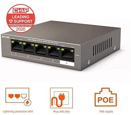 Šakotuvas Tenda TEG1105P-4-63W 5 X 10/100/1000Mbps jungiklis, 4 X PoE, maks. 58W