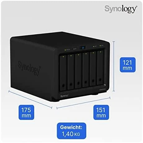 Serveris „Synology Tower NAS DS620slim“ iki 6 HDD / SSD karšto keitimo, „Celeron J3355“ dviejų branduolių, procesoriaus dažnis 2 GHz, 2 GB, DDR3L, RAID 0,1,5,6,10, hibridinis, 2 x 1 GbE, 2 x USB 3.2 1 kartos prievadas, vienas ventiliatorius