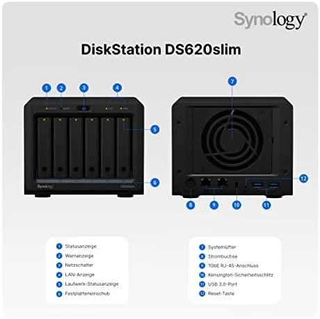 Serveris „Synology Tower NAS DS620slim“ iki 6 HDD / SSD karšto keitimo, „Celeron J3355“ dviejų branduolių, procesoriaus dažnis 2 GHz, 2 GB, DDR3L, RAID 0,1,5,6,10, hibridinis, 2 x 1 GbE, 2 x USB 3.2 1 kartos prievadas, vienas ventiliatorius
