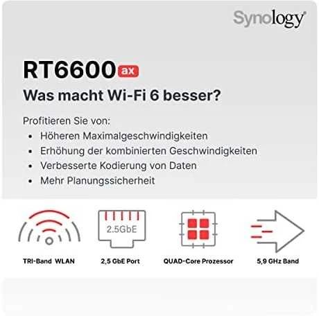 Synology RT6600ax Ultra-fast and Secure Belaidis maršrutizatorius for Homes | Synology | Ultra-fast and Secure Belaidis maršrutizatorius for Homes | RT6600ax | 802.11ax | 4800 Mbit/s | Ethernet LAN (RJ-45) jungtys 5 | Mesh Support No | MU-MiMO Yes | No mobile broadband | Antenna type External antena x 6 | 24 mėn.