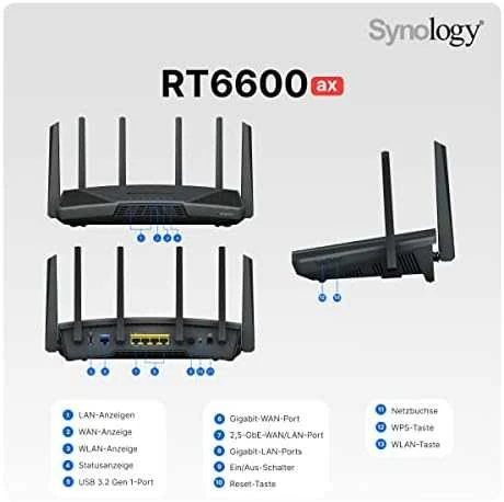 Synology RT6600ax Ultra-fast and Secure Belaidis maršrutizatorius for Homes | Synology | Ultra-fast and Secure Belaidis maršrutizatorius for Homes | RT6600ax | 802.11ax | 4800 Mbit/s | Ethernet LAN (RJ-45) jungtys 5 | Mesh Support No | MU-MiMO Yes | No mobile broadband | Antenna type External antena x 6 | 24 mėn.