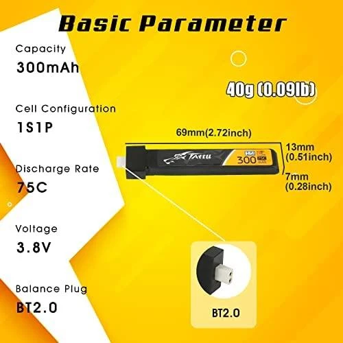 Gens Ace & Tattu Tattu LiPo 300mAh 3.8V 75C 1S1P HV BT2.0.5 akumuliatoriai (5 vnt.)
