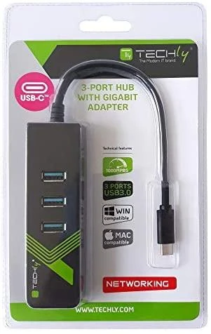 TECHLY 105810 Techly USB-C 3.1 į Gigabit Ethernet RJ45 tinklo adapteris su 3 prievadų USB 3.0 šakotuvu
