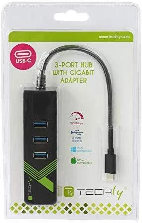 TECHLY 105810 Techly USB-C 3.1 į Gigabit Ethernet RJ45 tinklo adapteris su 3 prievadų USB 3.0 šakotuvu