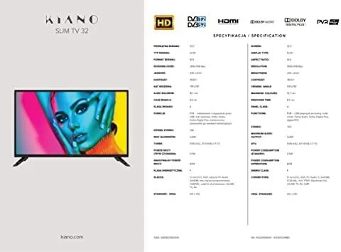 Televizorius Televizijos 32 colių LED televizoriai KIANO SlimTV 32 (1366 x 768, 50 Hz, Ne, DVB-C, DVB-T)