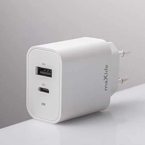 Maxlife MXTC-06-30AC PD QC įkroviklis 1x USB-C 1x USB 30W baltas + USB-C – USB-C laidas 60W
