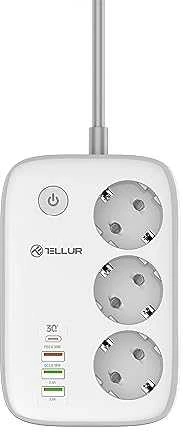 Tellur išmanusis WiFi maitinimo blokas, 3 lizdai, PD30W, QC18W, baltas