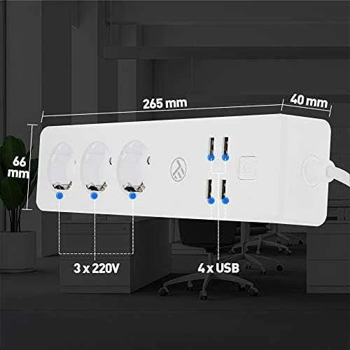 „Tellur WiFi“ maitinimo juosta, 3 lizdai, 4 * USB 4A, 2200 W, 10 A, 1,8 m
