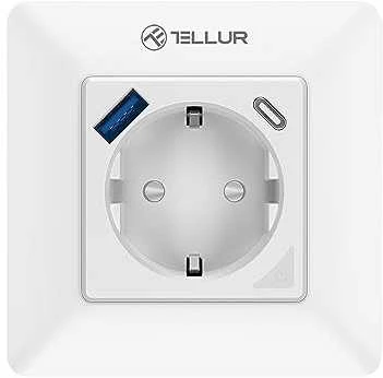 „Tellur“ išmanusis WiFi sieninis kištukas 3600 W 16 A, PD20 W, USB 18 W, energijos rodmuo, baltas