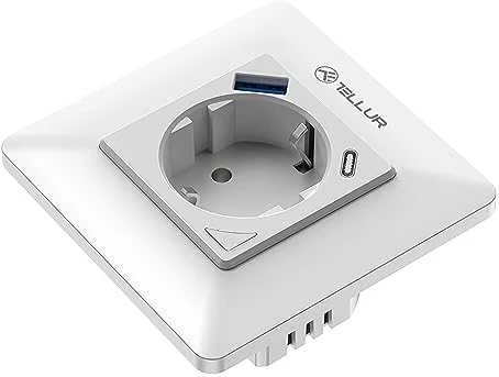 „Tellur“ išmanusis WiFi sieninis kištukas 3600 W 16 A, PD20 W, USB 18 W, energijos rodmuo, baltas