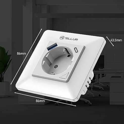 „Tellur“ išmanusis WiFi sieninis kištukas 3600 W 16 A, PD20 W, USB 18 W, energijos rodmuo, baltas