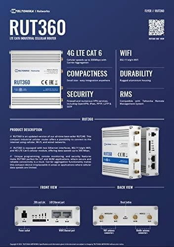 Teltonika | Pramoninis korinio ryšio maršrutizatorius | RUT360 LTE CAT6 | 1 x LAN jungtis, 10/100 Mbps, atitinka IEEE 802.3, IEEE 802.3u standartus, palaiko automatinį MDI/MDIX perjungimą, Mbit/s | Ethernet LAN (RJ-45) jungtys, 2 x RJ45 jungtys, 10/100 Mbps | Mesh palaikymas: Ne | MU-MiMO: Taip | 3G/4G duomenų bendrinimas | Antenos tipas: 2 x SMA, skirta LTE, 2 x RP-SMA, skirta WiFi