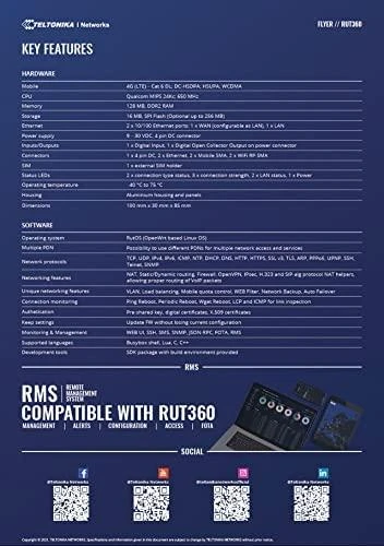 Teltonika | Pramoninis korinio ryšio maršrutizatorius | RUT360 LTE CAT6 | 1 x LAN jungtis, 10/100 Mbps, atitinka IEEE 802.3, IEEE 802.3u standartus, palaiko automatinį MDI/MDIX perjungimą, Mbit/s | Ethernet LAN (RJ-45) jungtys, 2 x RJ45 jungtys, 10/100 Mbps | Mesh palaikymas: Ne | MU-MiMO: Taip | 3G/4G duomenų bendrinimas | Antenos tipas: 2 x SMA, skirta LTE, 2 x RP-SMA, skirta WiFi