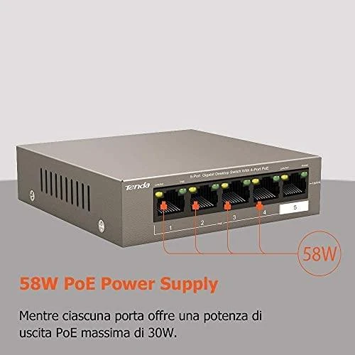 Šakotuvas Tenda TEG1105P-4-63W 5 X 10/100/1000Mbps jungiklis, 4 X PoE, maks. 58W