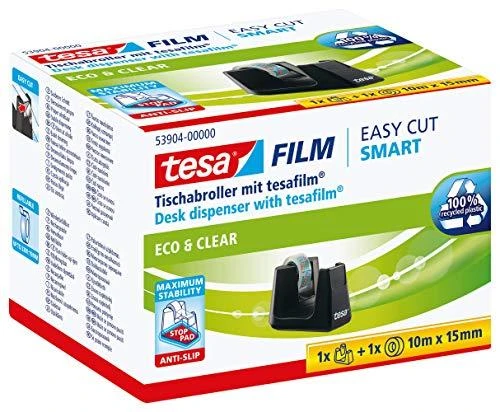 Stalinis lipnios juostelės dėklas TESA Easy Cut Smart su Tesafilm ekologiška ir skaidria juostele, 15mm x 10m