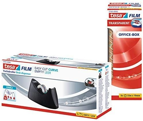Stalinis dėklas TESA Easy Cut CURVE su TESA Film permatoma juostele, 19mm x 10m