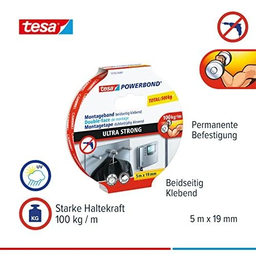 Tesa Powerbond Montageband itin tvirta juosta, 5 m, 19 mm