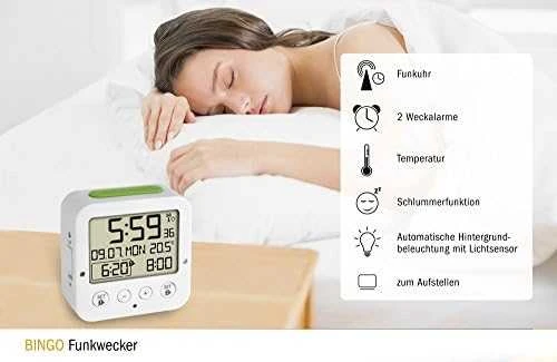 TFA 60.2528.02 Bingo baltas skaitmeninis nuotolinio valdymo žadintuvas su temperatūros reguliatoriumi