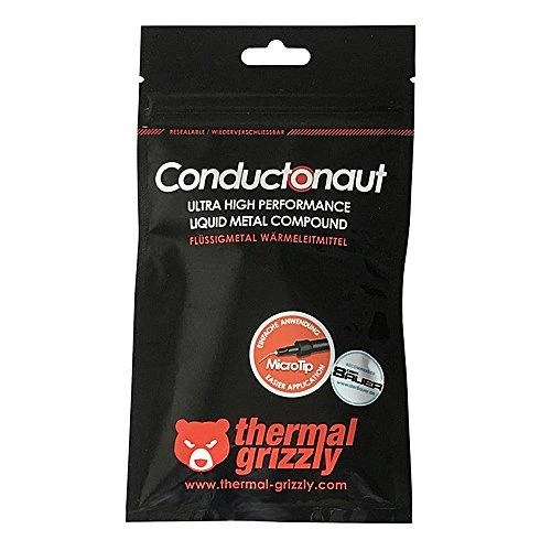 Thermal Grizzly | Terminis tepalas "Conductonaut" 1g | universalus | Šilumos laidumas: 73 W/mk; Klampumas: 0,0021 Pas; Tankis: 6,24g/cm3; Temperatūra: 10 °C / +140 °C; Sudėtis: 1 g