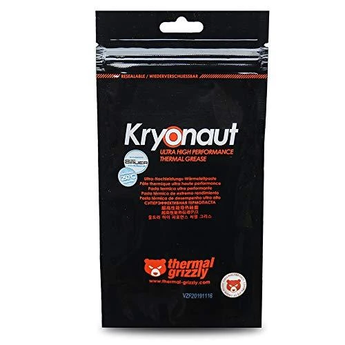 Thermal Grizzly | Terminis tepalas "Kryonaut" 1g | universalus | Šilumos laidumas: 12,5 W/mk * Šiluminė varža: 0,0032 K/W * Elektros laidumas: 0 pS/m * Klampumas: 130-170 Pas * Specifinis svoris: 3,7g/cm3 * Temperatūra: -200 °C / +350 °C W