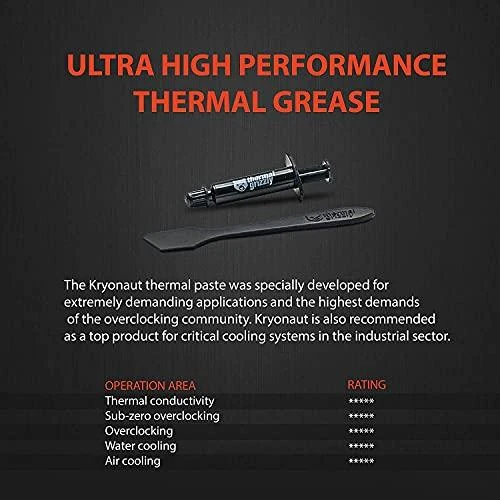 Thermal Grizzly | Terminis tepalas "Kryonaut" 1g | universalus | Šilumos laidumas: 12,5 W/mk * Šiluminė varža: 0,0032 K/W * Elektros laidumas: 0 pS/m * Klampumas: 130-170 Pas * Specifinis svoris: 3,7g/cm3 * Temperatūra: -200 °C / +350 °C W