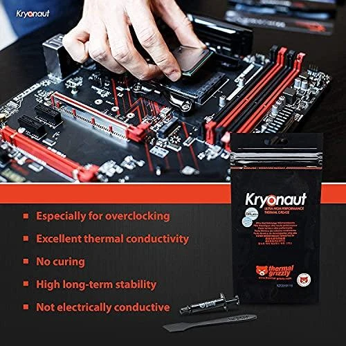 Thermal Grizzly | Terminis tepalas "Kryonaut" 1g | universalus | Šilumos laidumas: 12,5 W/mk * Šiluminė varža: 0,0032 K/W * Elektros laidumas: 0 pS/m * Klampumas: 130-170 Pas * Specifinis svoris: 3,7g/cm3 * Temperatūra: -200 °C / +350 °C W