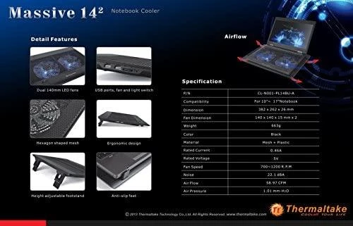 Thermaltake Massive A23 nešiojamojo kompiuterio aušinimo padas 40,6 cm (16") Juodas