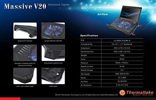 Nešiojamo kompiuterio Aušinimo Stovas - Thermaltake Massive V20 43,2 cm Juodas