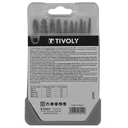 Grąžtas Tivoly nulūžusių varžtų ištraukiklių ir grąžtų rinkinys – 10 dalių:, varžtų ištraukikliai N1–N5 + TiN danga dengti HSS grąžtai Ø2,8–8 mm, trijų briaunų kotas, pilkos spalvos dėklas, (M3-M18 varžtams)