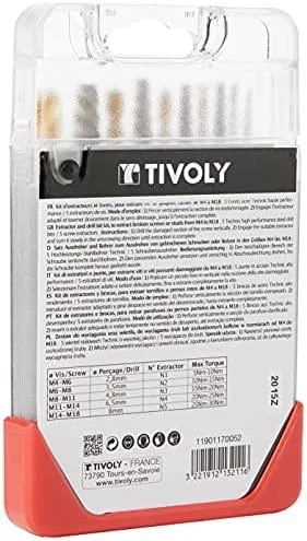 Grąžtas Tivoly nulūžusių varžtų ištraukiklių ir grąžtų rinkinys – 10 dalių:, varžtų ištraukikliai N1–N5 + TiN danga dengti HSS grąžtai Ø2,8–8 mm, trijų briaunų kotas, pilkos spalvos dėklas, (M3-M18 varžtams)