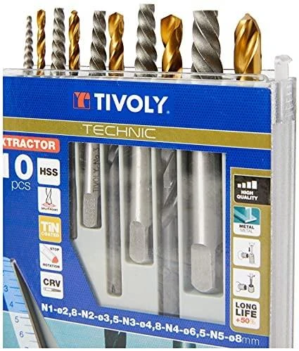 Grąžtas Tivoly nulūžusių varžtų ištraukiklių ir grąžtų rinkinys – 10 dalių:, varžtų ištraukikliai N1–N5 + TiN danga dengti HSS grąžtai Ø2,8–8 mm, trijų briaunų kotas, pilkos spalvos dėklas, (M3-M18 varžtams)
