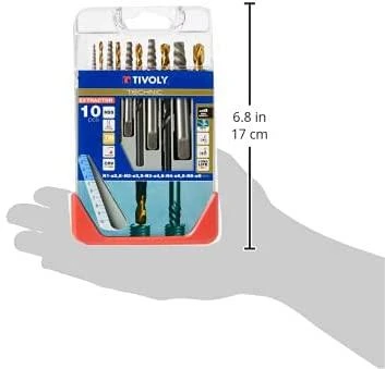Grąžtas Tivoly nulūžusių varžtų ištraukiklių ir grąžtų rinkinys – 10 dalių:, varžtų ištraukikliai N1–N5 + TiN danga dengti HSS grąžtai Ø2,8–8 mm, trijų briaunų kotas, pilkos spalvos dėklas, (M3-M18 varžtams)