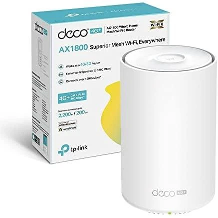 Maršrutizatorius TP-LINK | Visų namų tinklelio „Wi-Fi 6“ | „Deco 4G+ AX1800“ | 802.11ax | 300 Mbps | Ethernet LAN (RJ-45) jungtys 3 | Tinklo palaikymas: Taip | Ne