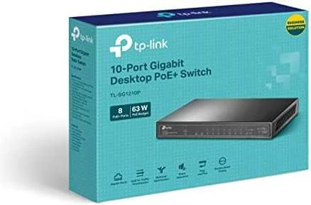 Šakotuvas TP-LINK 10 prievadų Gigabit PoE+ jungiklis 8 Gigabit PoE+ prievadai, 1 Gigabit RJ45 prievadai ir 1 Gigabit SFP lizdai 802.3at/af 63W PoE galia