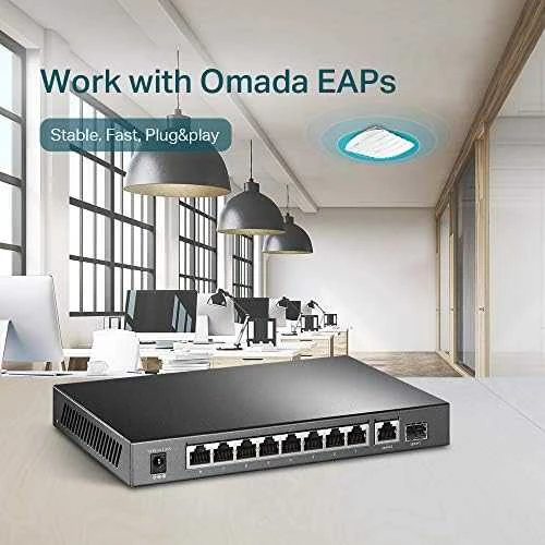 Šakotuvas TP-LINK 10 prievadų Gigabit PoE+ jungiklis 8 Gigabit PoE+ prievadai, 1 Gigabit RJ45 prievadai ir 1 Gigabit SFP lizdai 802.3at/af 63W PoE galia