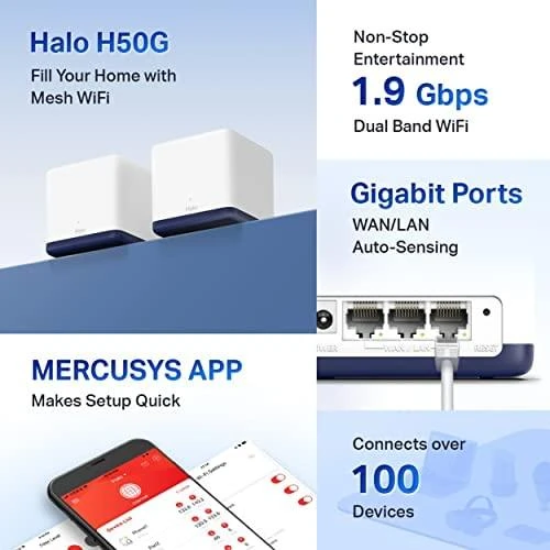 Maršrutizatorius TP-Link „Mercusys“ | AC1900 viso namo tinklinio „Wi-Fi“ sistema | „Halo H50G“ (2 vnt.) | 802.11ac | 600+1300 Mbps | Ethernet LAN (RJ-45) jungtys 3 | Tinklo palaikymas: Taip | MU-MiMO: Taip | Mobilusis plačiajuostis ryšys: Be