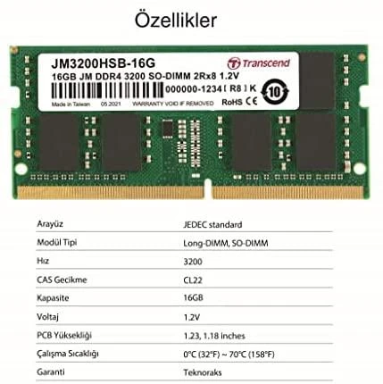 RAM TRANSCEND 16GB JM DDR4 3200MHz SO-DIMM 2Rx8 1Gx8 CL22 1.2V