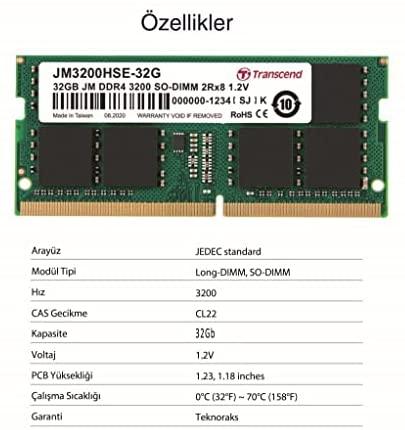 RAM TRANSCEND 32GB JM DDR4 3200Mhz SO-DIMM 2Rx8 2Gx8 CL22 1.2V