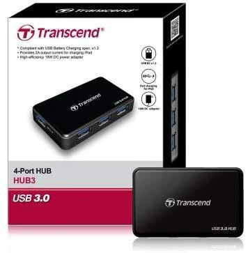 TRANSCEND USB 3.0-Hub su greito įkrovimo lizdu, skirtu oa de iPad Juodas