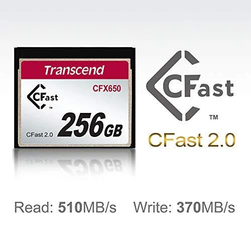 Transcend CFast 2.0 256GB kortelė su greičio specifikacijomis