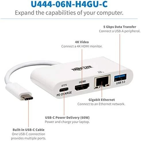 Tripp Lite USB-C dokas U444-06N-H4GU-C Single Ekranas/1xHDMI/iki sngle 4K/1xUSB 3.2/palaikymas PD 60W/Baltas/Maitinimo šaltinis neįtrauktas