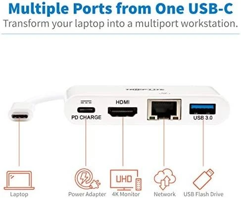 Tripp Lite USB-C dokas U444-06N-H4GU-C Single Ekranas/1xHDMI/iki sngle 4K/1xUSB 3.2/palaikymas PD 60W/Baltas/Maitinimo šaltinis neįtrauktas