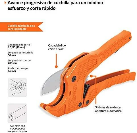 Plastikinių vamzdžių žirklės . Tvirtas metalinis korpusas, nerūdijančio plieno geležtė. Vamzdžiams iki 41 mm. Terkšlinis mechanizmas Truper®