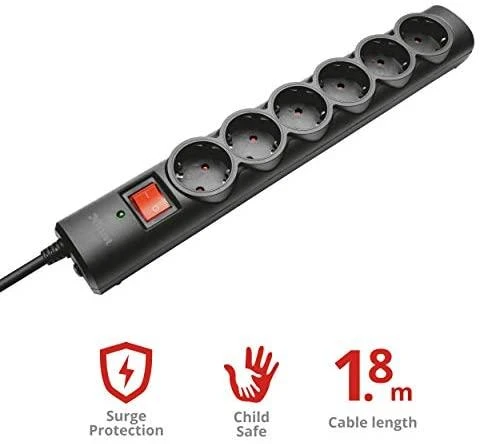 „Trust 21059“ viršįtampių apsaugos įtaisas, Juodas, 6 kintamosios srovės lizdai, 1,8 m