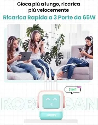 Įkroviklis Ugreen Nexode RG (Robot GaN), 65 W, Rožinės/mėlynos spalvos