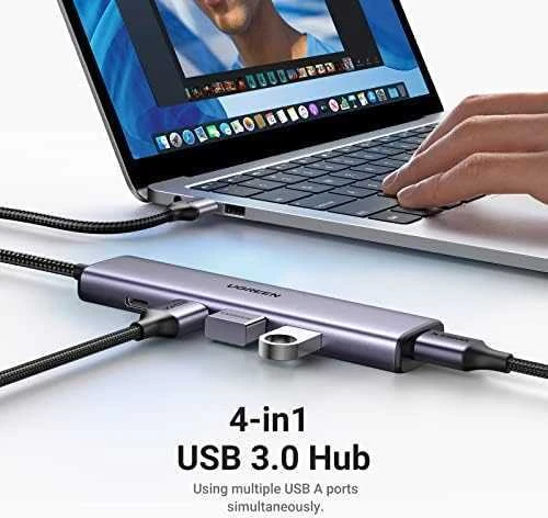 UGREEN adapteris su keliais prijungtais USB įrenginiais