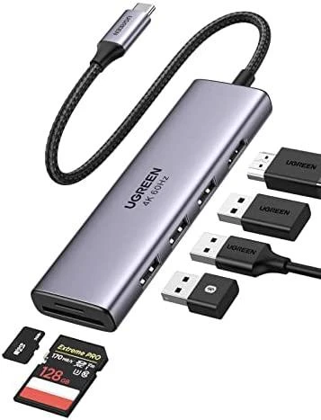 UGREEN CM511 5-in-1 adapteris šakotuvas USB-C – 3x USB3.0 HDMI TF/SD