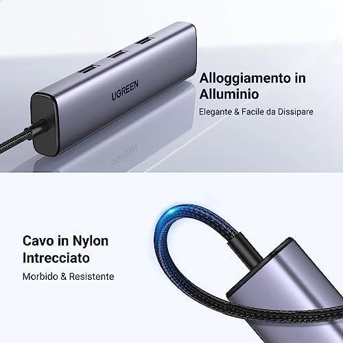 UGREEN CM475 adapteris USB-C šakotuvas prie 3x USB 3.0, RJ45, USB-C PD (pilkas)
