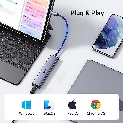 UGREEN CM475 adapteris USB-C šakotuvas prie 3x USB 3.0, RJ45, USB-C PD (pilkas)